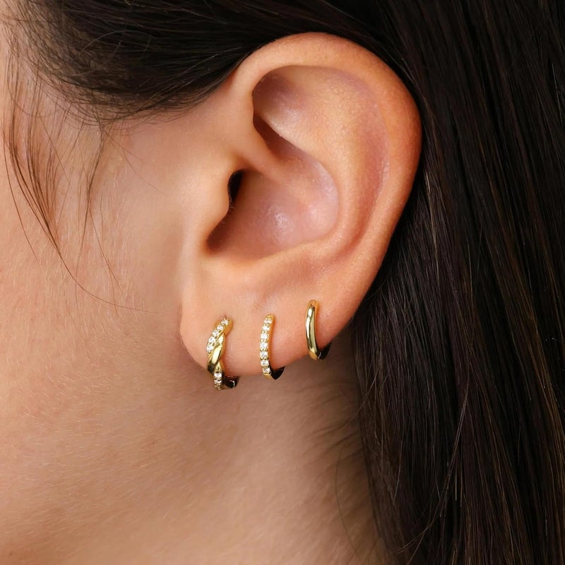 Inerney 14K Gold Plated Huggie Hoop Earrings for Women, Small Sterling Silver Earring Set Hypoallergenic Cartilage Helix Stacks, Mini Dainty Cute Trendy Birthstone Jewelry Gift for Multiple Piercings - Image 3
